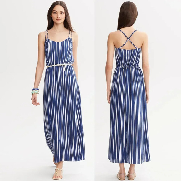 Banana Republic Blue White Striped Crisscross Spaghetti Strap Maxi Dress 22473 - Picture 1 of 12